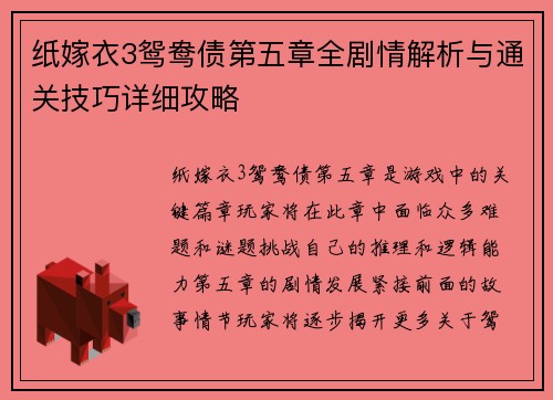 纸嫁衣3鸳鸯债第五章全剧情解析与通关技巧详细攻略
